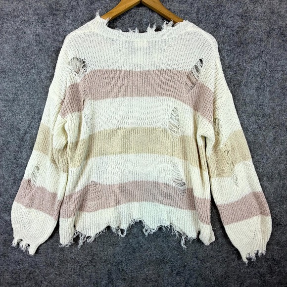 Pol Sweater Womens Large Beige Oversized Boho Light Grunge Distressed Raw Hem - Picture 6 of 6